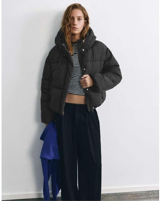 Pull&Bear Cropped Pufferjack Met Capuchon in het Blue