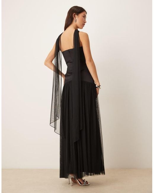 LACE & BEADS Black Tulle Bandeau Drop Waist Maxi Dress With Scarf