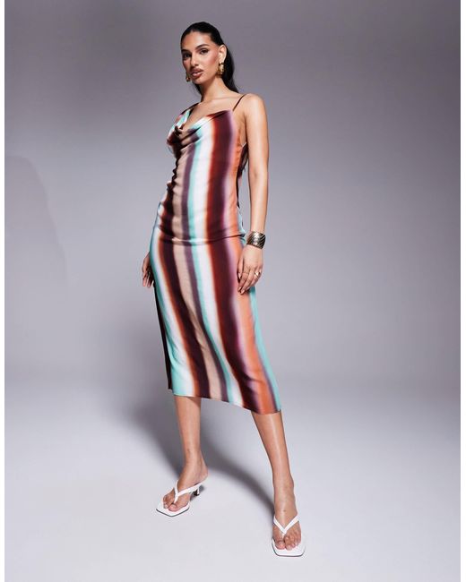 ASOS Multicolor – asymmetrisches midikleid mit wasserfallausschnitt und streifenmuster