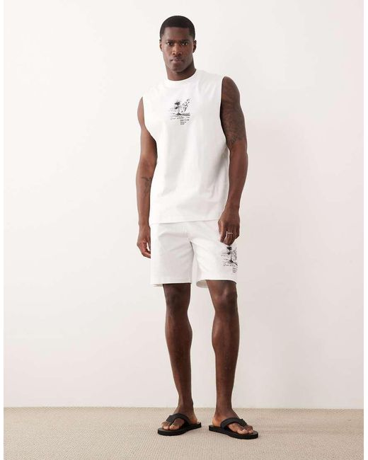 River Island White Landscape Print Tank And Shorts Set for men