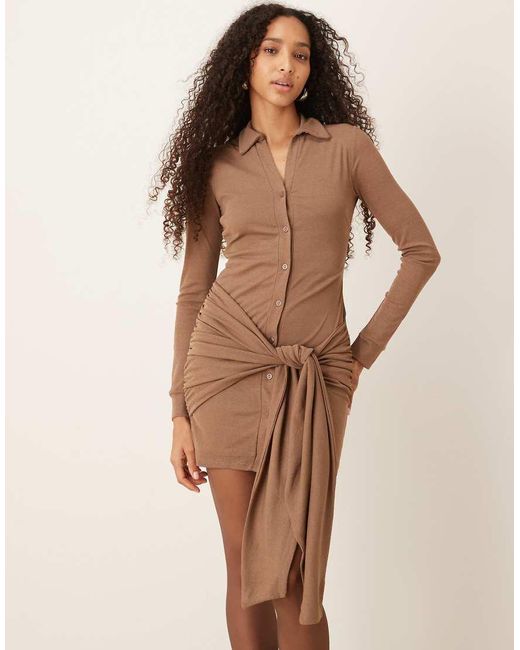 ASOS Natural Textured Mesh Mini Shirt Dress With Wrap Tie Waist