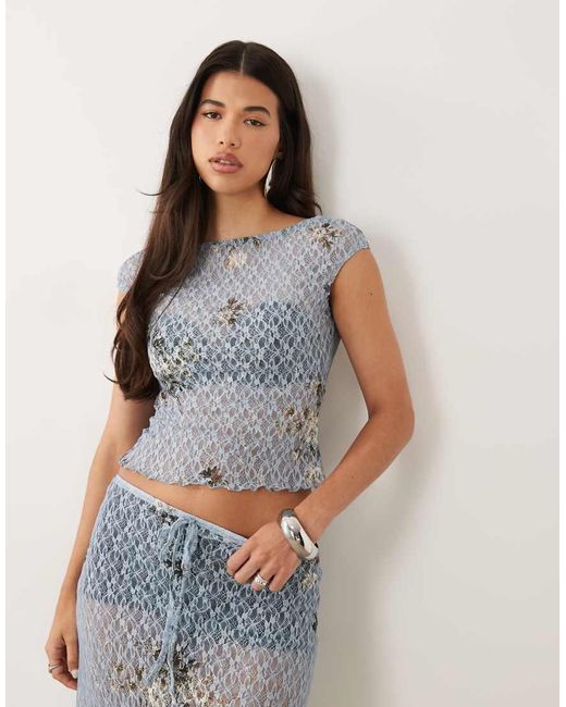 ASOS Blue Co-ord Printed Lace Cap Sleeve Open Back Top