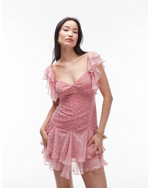 TOPSHOP Pink Flutter Sleeve Mini Tea Dress