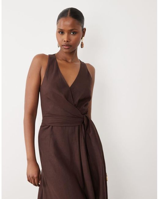 Forever New Brown Linen Mix Halter Neck Tie Midi Dress