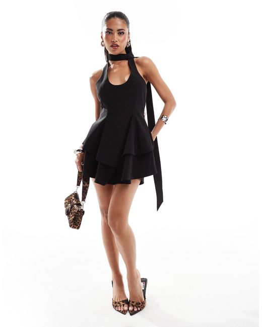 Murci Black Exclusive Halterneck Ruffle Skirt Mini Dress