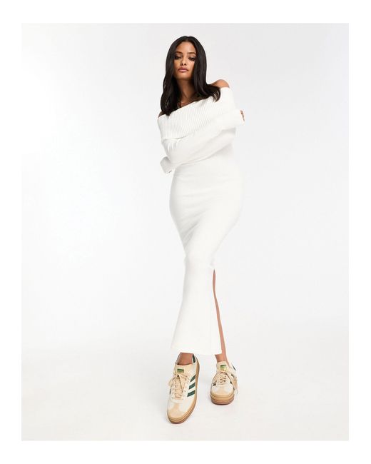 Bershka White Fluffy Knit Bardot Midi Dress