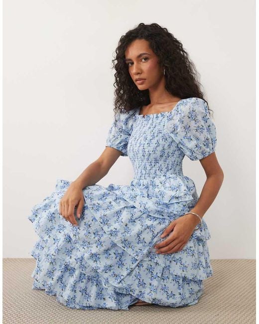 Y.A.S Blue Ditsy Floral Puff Sleeve Ruffle Maxi Dress