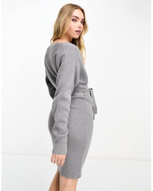 Vero Moda Gray Wrap Belted Long Sleeve Knitted Mini Dress