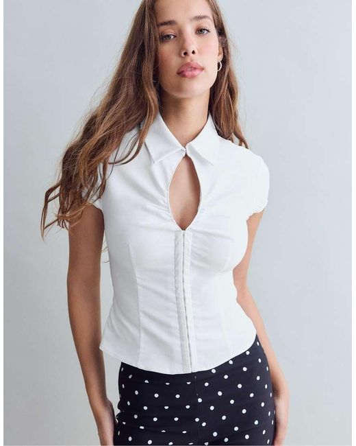 Stradivarius Blue Cut-out Short Sleeve Shirt