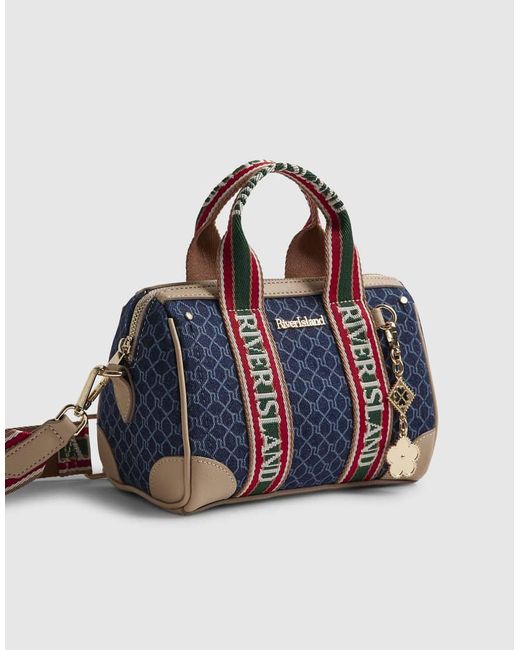 River Island Blue Denim Monogram Webbing Detail Bowler Bag