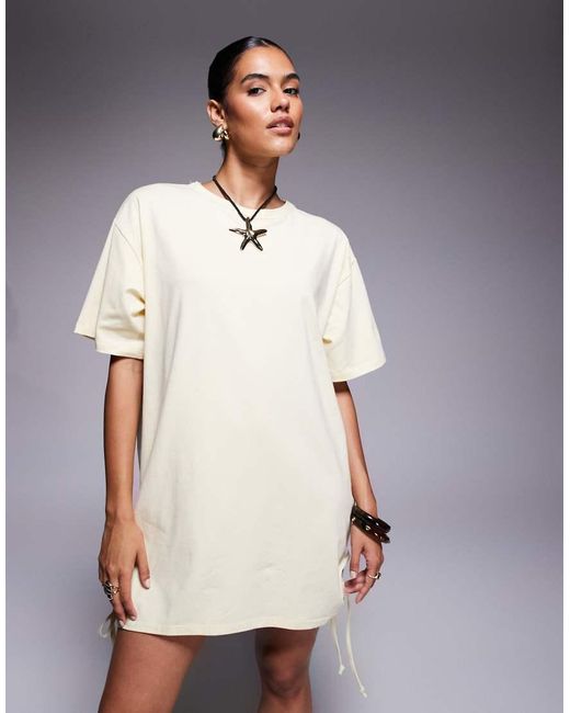 Fashionkilla White Exclusive Cotton Ruched Tie Side Mini T-shirt Dress