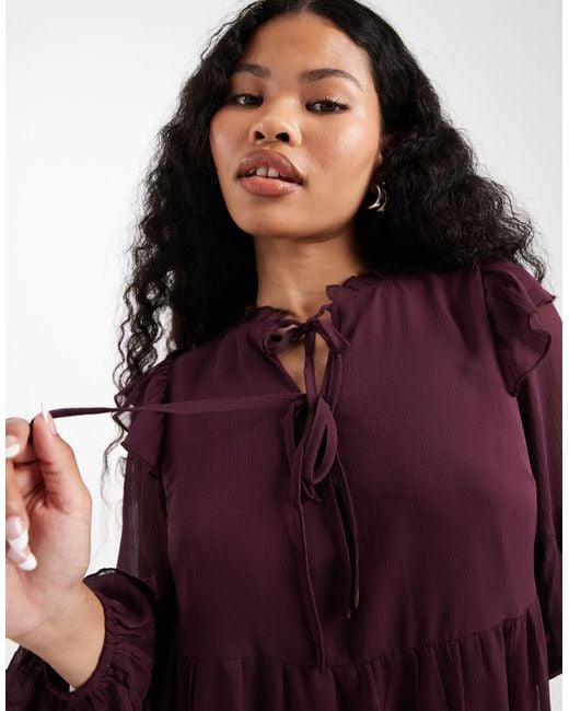 New Look Purple Ruffle Chiffon Long Sleeve Mini Dress