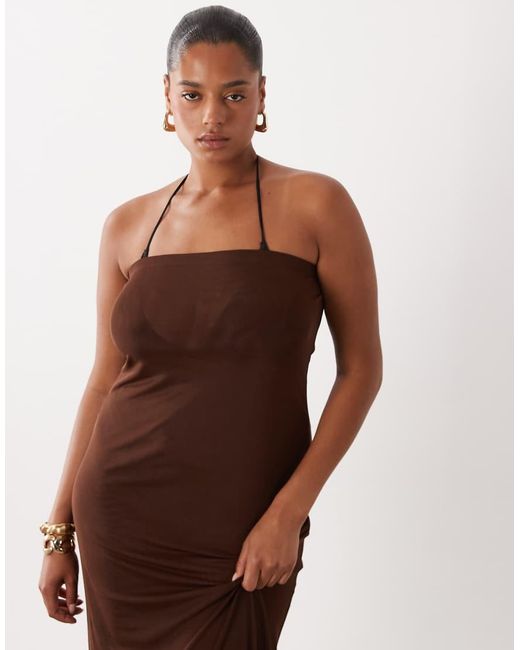 ASOS Brown Asos Design Curve Sheer Mesh Bandeau Maxi Dress