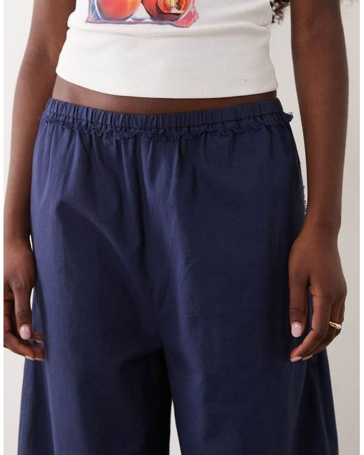 ASOS Blue Linen Blend Pull On Barrel Leg Trousers With Raw Seam Detail