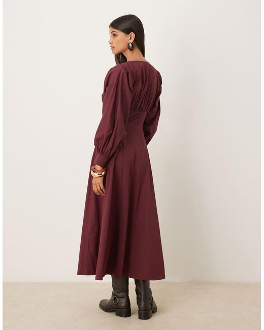 ASOS Red Long Sleeve V Neck Poplin Maxi Dress