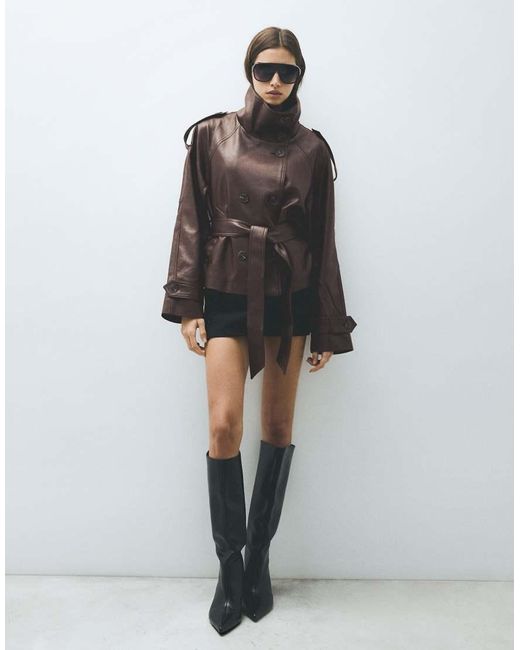 Bershka Black Short Leather Effect Trench Coat