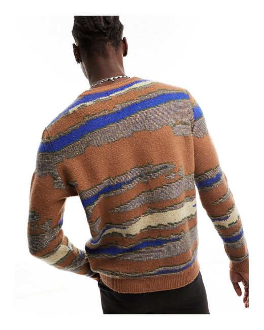 ASOS Brown Fluffy Oversized Jumper With Abstract Stripes for men