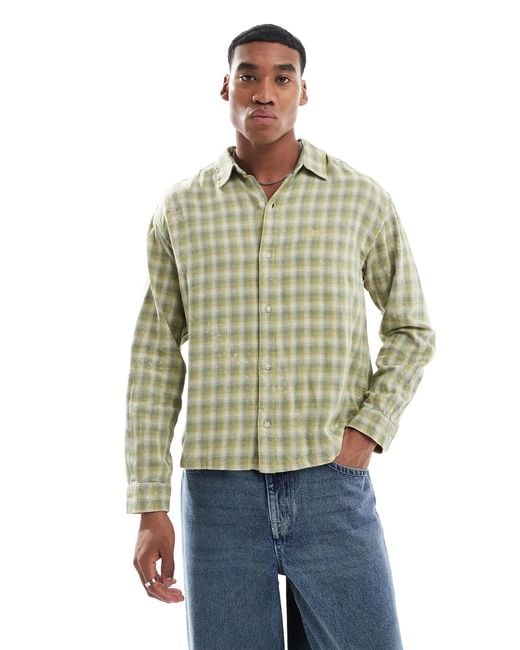 Pull&Bear Green Washed Checked Shirt for men