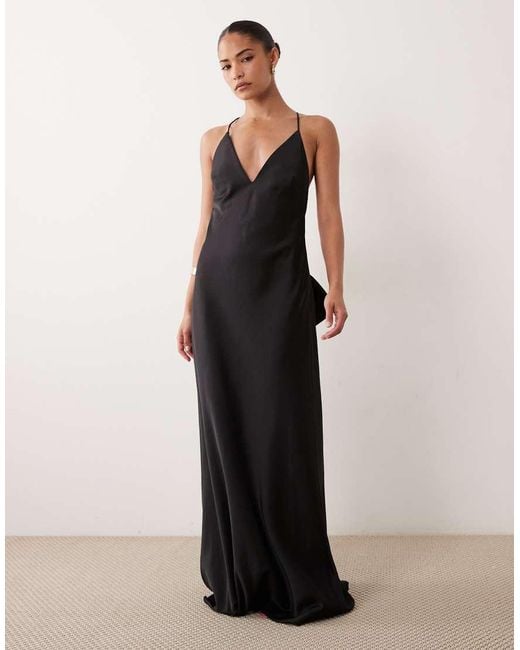 ASOS Black Asos Design Petite Satin Cami Maxi Dress With Bow Back