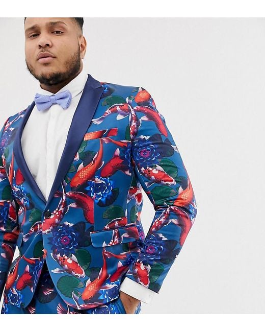 ASOS Blue Plus Skinny Tuxedo Suit Jacket In Fish Print for men