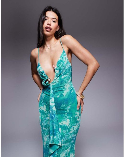 ASOS Blue Printed Mesh Maxi Dress With Hardware Ruffle Detail