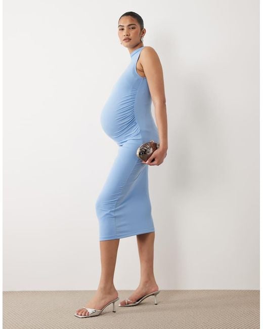 Mama.licious Blue Mamalicious Maternity Sleevelss Slinky Ruched Detail Midi Dress