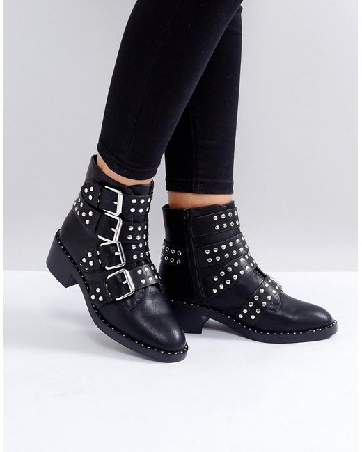 Glamorous Black Studded Buckle Flat Ankle Boots