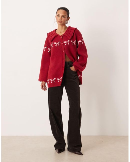 For Love & Lemons Red Bow Intarsia Knitted Oversized Cardigan With Ribbed Collar