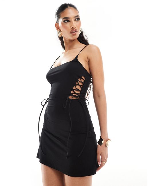 ASOS Black Square Neck Flippy Mini Dress With Lattice Tie Side Detail