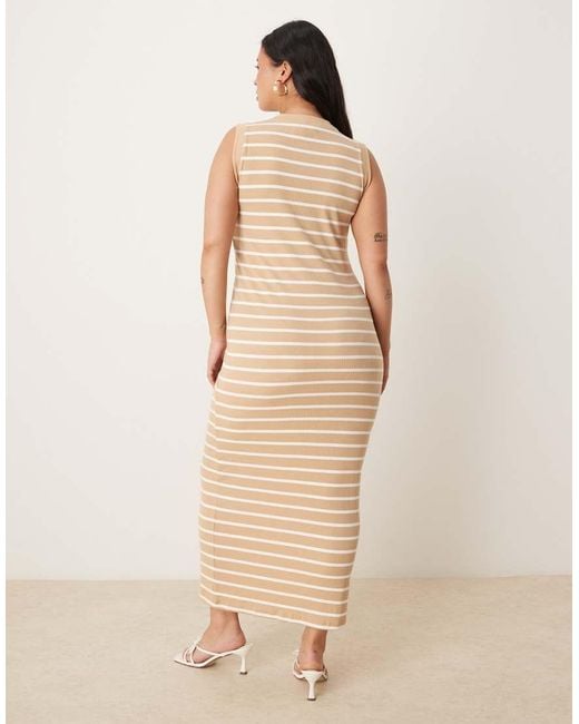 ASOS Natural Asos Design 90s Curve Ribbed Built Up Midi Tank Dress Neutral Stripe