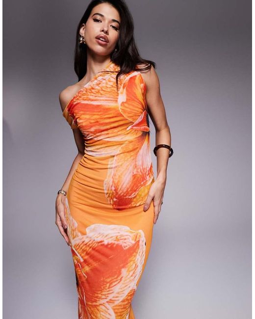 Kaiia Orange Exclusive Double Layered Slinky Drape Off Shoulder Maxi Dress