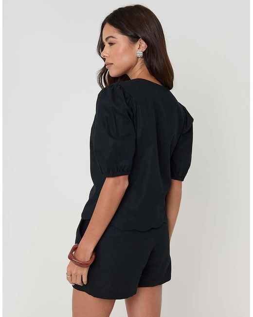 Threadbare Black Linen Blend Puff Sleeve Top