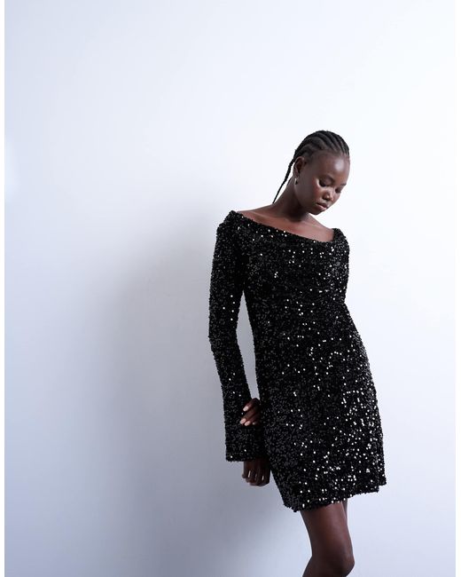 TOPSHOP White Long Sleeve Cowl Back Sequin Velvet Mini Dress