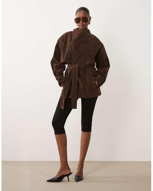Bardot Brown Faux Suede Cropped Tie Detail Trench