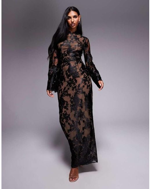 TFNC London Black Long Sleeve Flared Floral Lace Maxi Dress