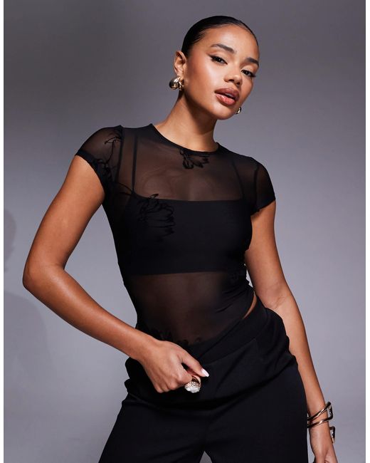 Princess Polly Black Eowyn Sheer Mesh Flower Detail Short Sleeve Top