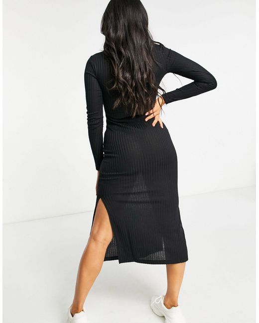 NA-KD Ribbed High Neck Side Split Midi Dress in Black | Lyst