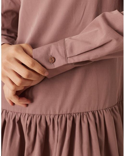 ASOS Pink Cotton Poplin Dropped Waist Maxi Smock Dress Deep Taupe