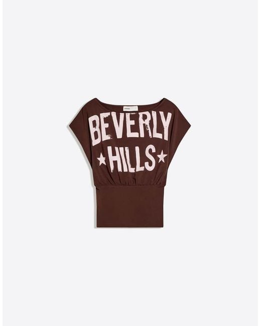 Bershka Brown Asymmetric Print Short Sleeve T-shirt