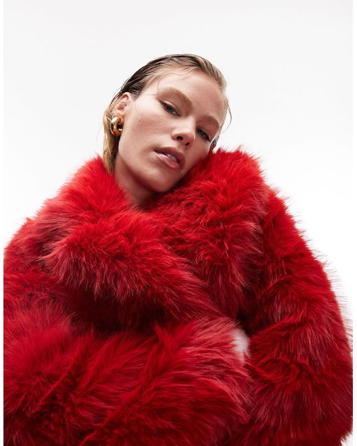 TOPSHOP Faux Fur Panelled Coat in Red | Lyst Canada