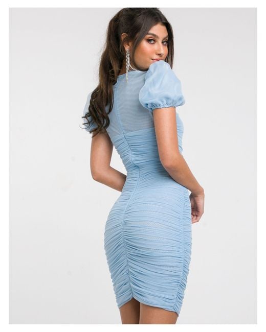 Missguided Puff Sleeve Mesh Ruched Mini Dress in Blue | Lyst UK