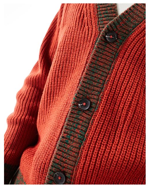 ASOS Red Relaxed Knitted Cardigan With Contrast Detailing for men