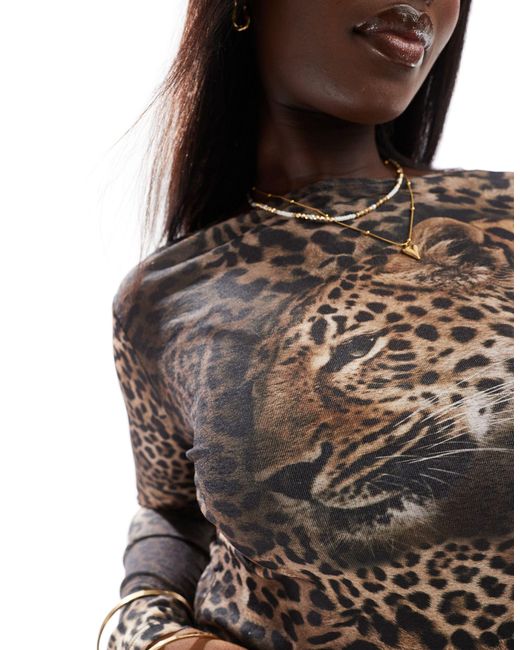 ASOS Multicolor Asos design curve – langärmliges, knapp geschnittenes netzstoff-shirt mit leopardengesicht-grafikprint