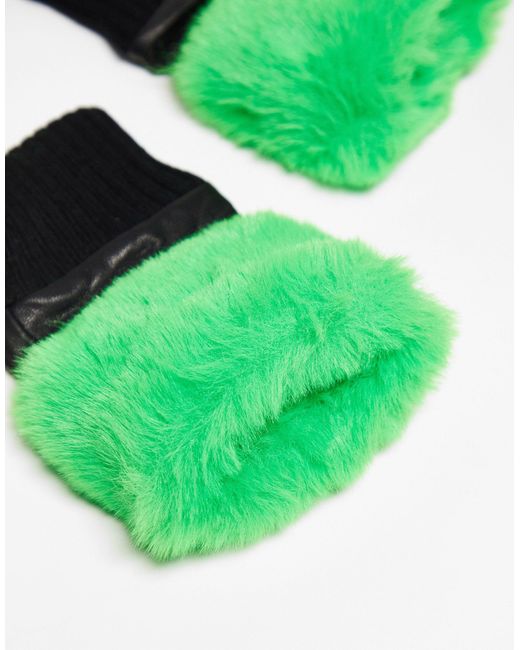 Jayley Green Leather Faux Fur Trim Fingerless Gloves
