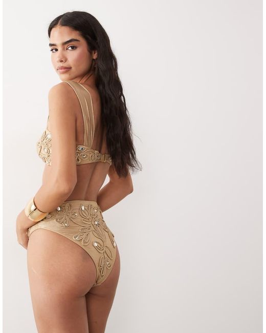ASOS Brown High Waisted Embellished Cord Detail Bikini Bottoms