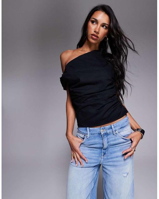GOOD AMERICAN Black Poplin Off Shoulder Top