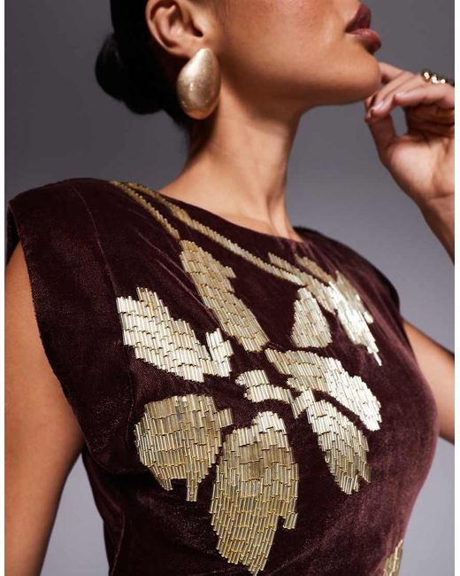 ASOS Brown Velvet Shoulder Pad Mini Dress With Floral Embellishment