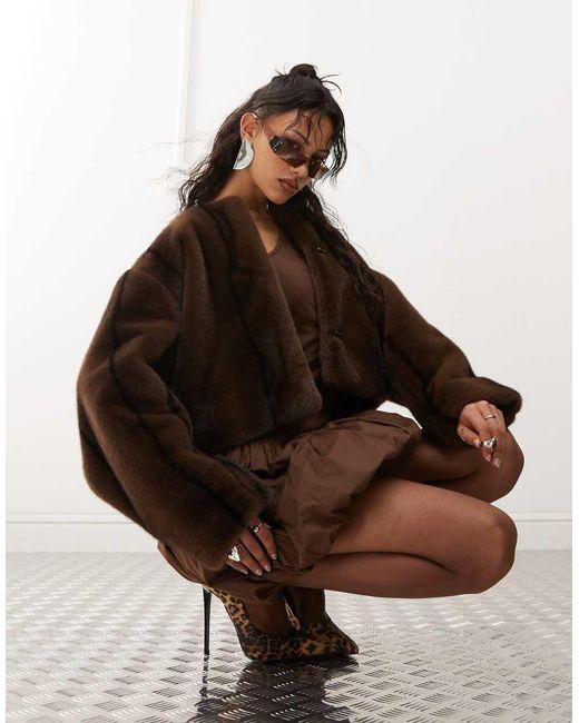 Monki Brown Faux Fur Jacket With Hook And Bar Front