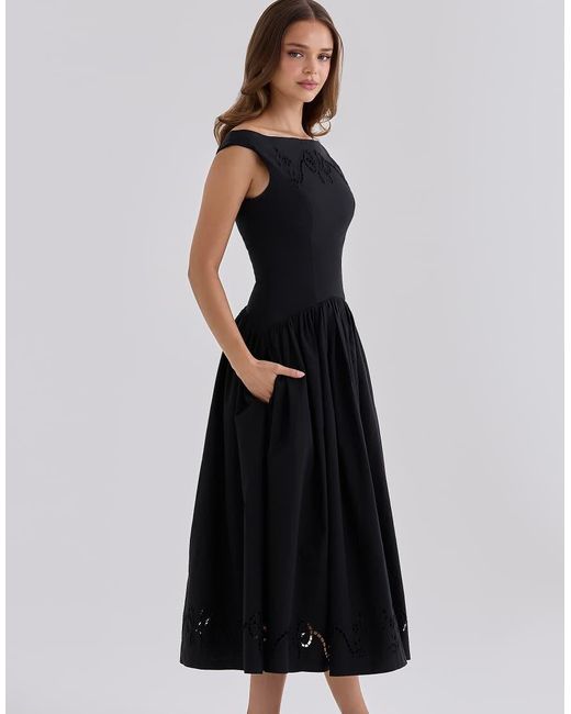 House Of Cb Black Lauren Custom Cotton Broderie Anglaise Boat Neck Maxi Dress