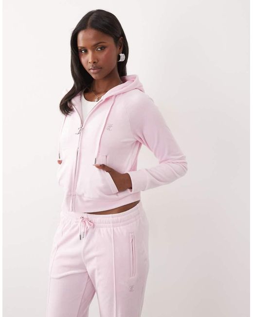 Juicy Couture Pink Velour Diamante Logo Detail Zip Through Hoodie